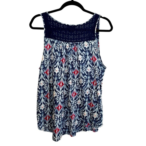Lucky Brand boho print tank Lace on front and back blue white and red Large - Picture 2 of 8